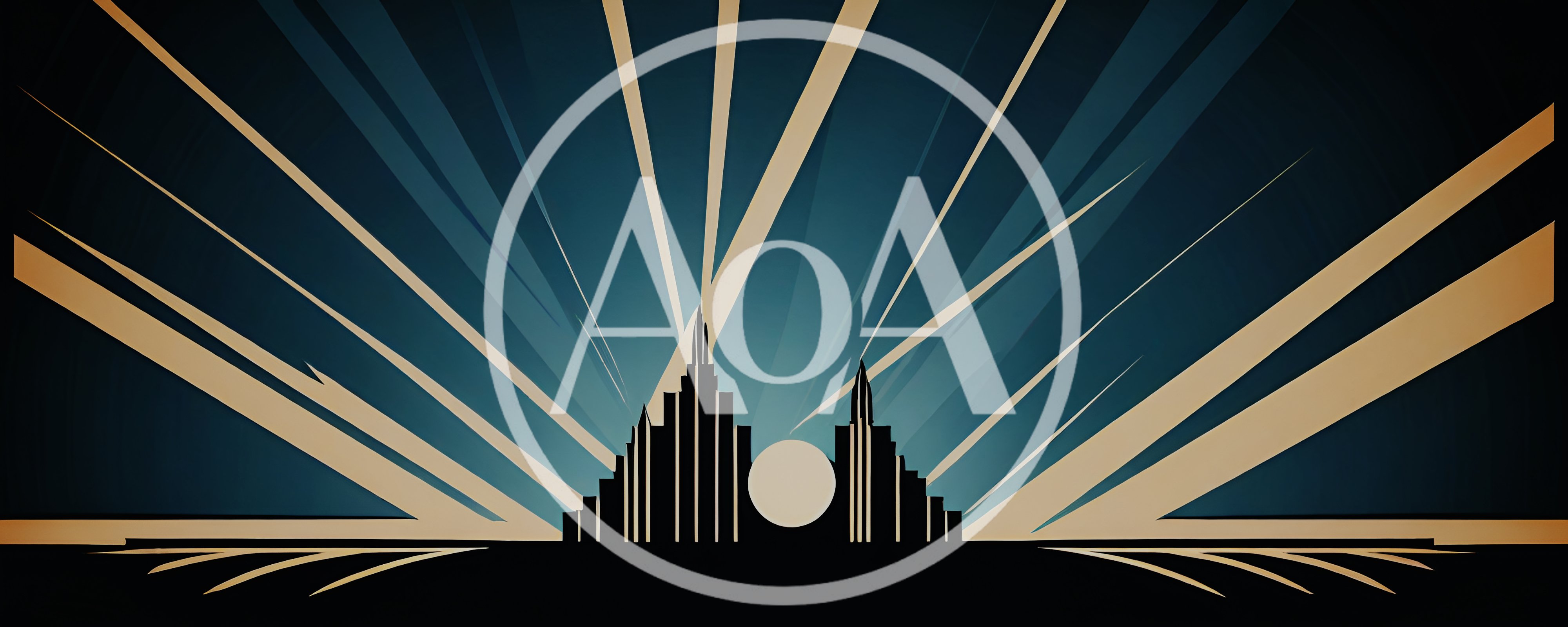 Art Deco Style Cityscape Silhouette With Sunburst Background