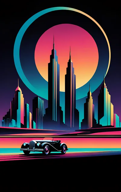 Retro Synthwave Cityscape With Vintage Convertible Car