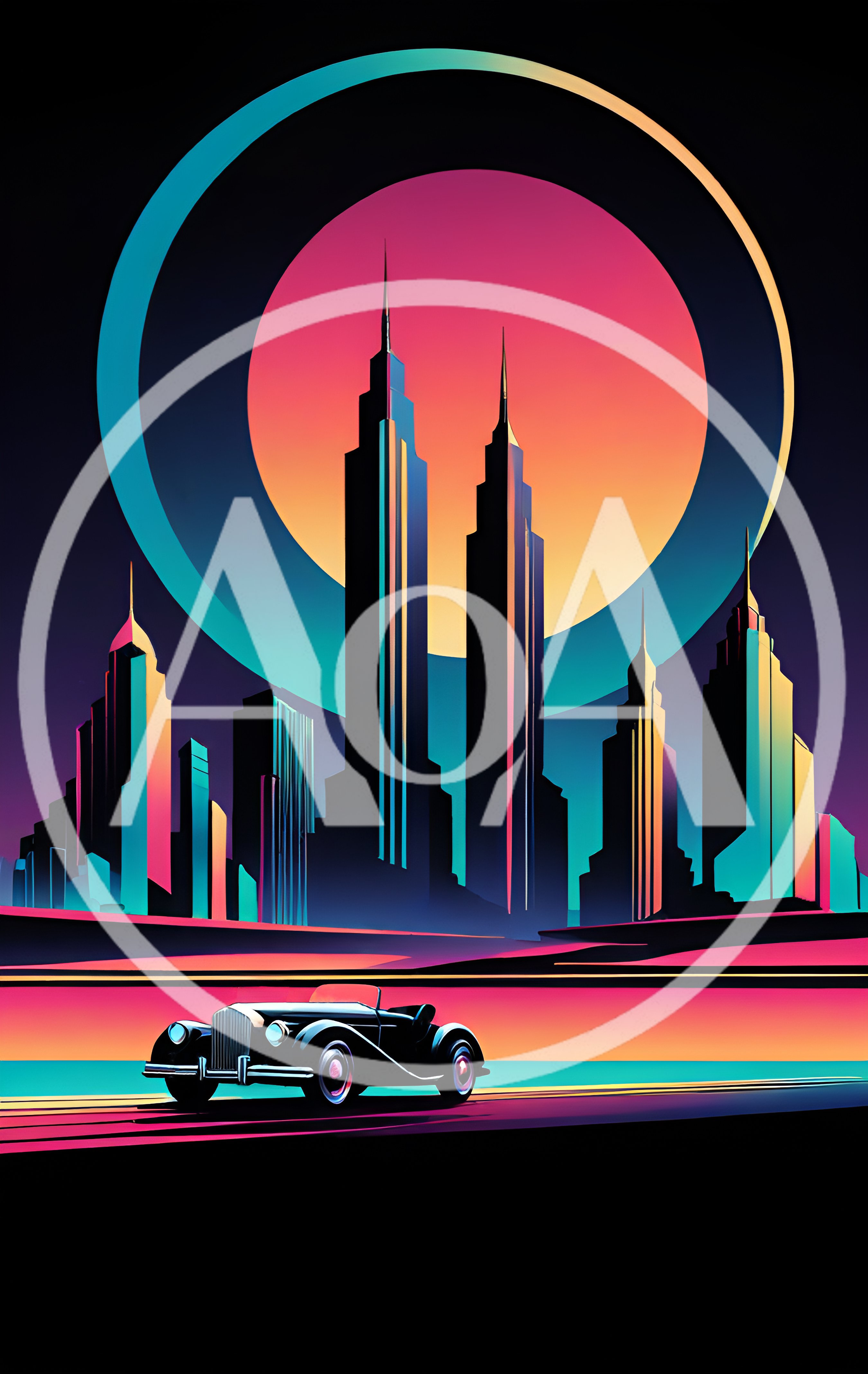 Retro Synthwave Cityscape With Vintage Convertible Car