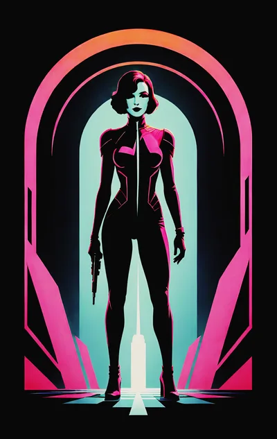 Stylized Female Secret Agent Standing In Neon Archway