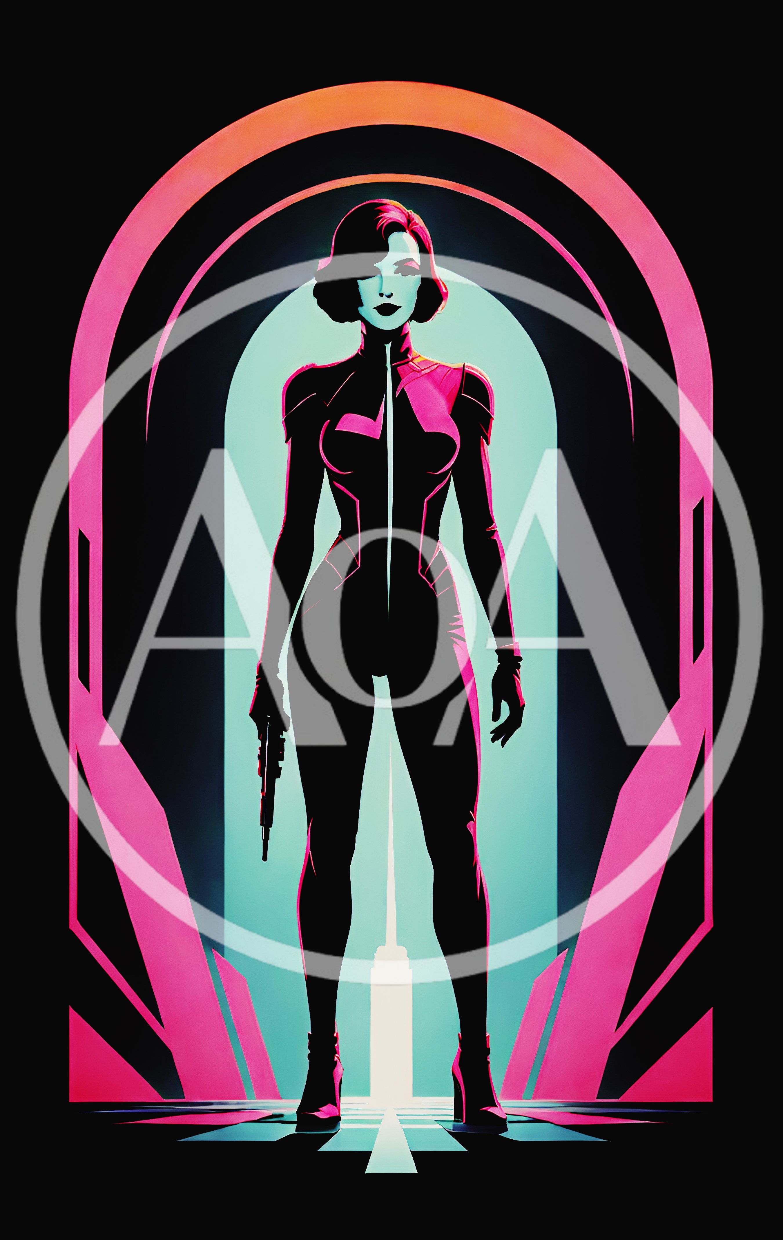 Stylized Female Secret Agent Standing In Neon Archway