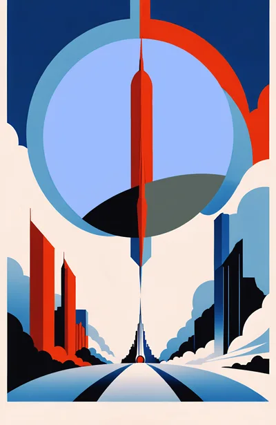 Futuristic Cityscape With Abstract Rocket Launch Illustration