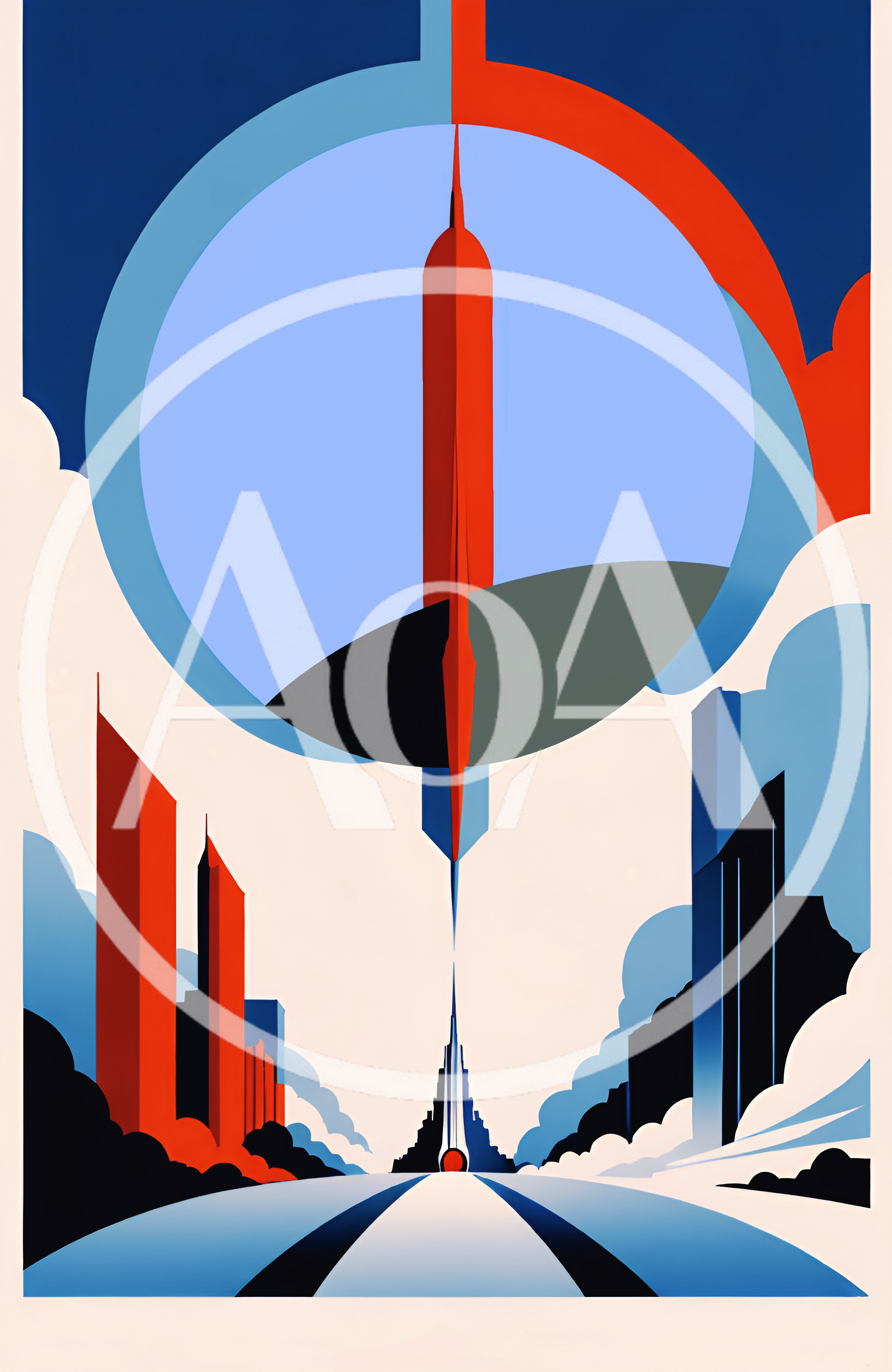 Futuristic Cityscape With Abstract Rocket Launch Illustration