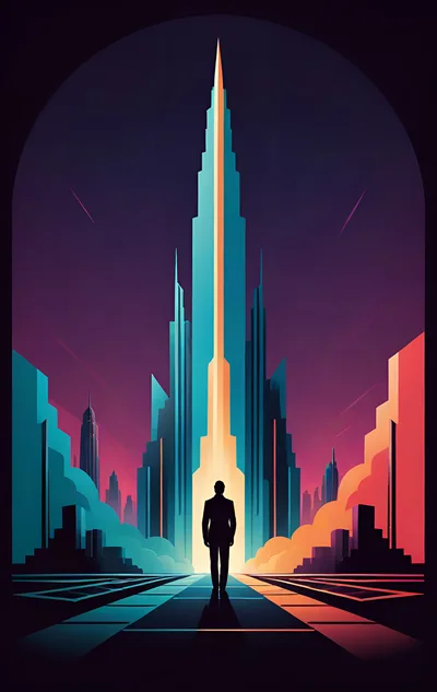 Futuristic Businessman Standing Before A Glowing Skyscraper