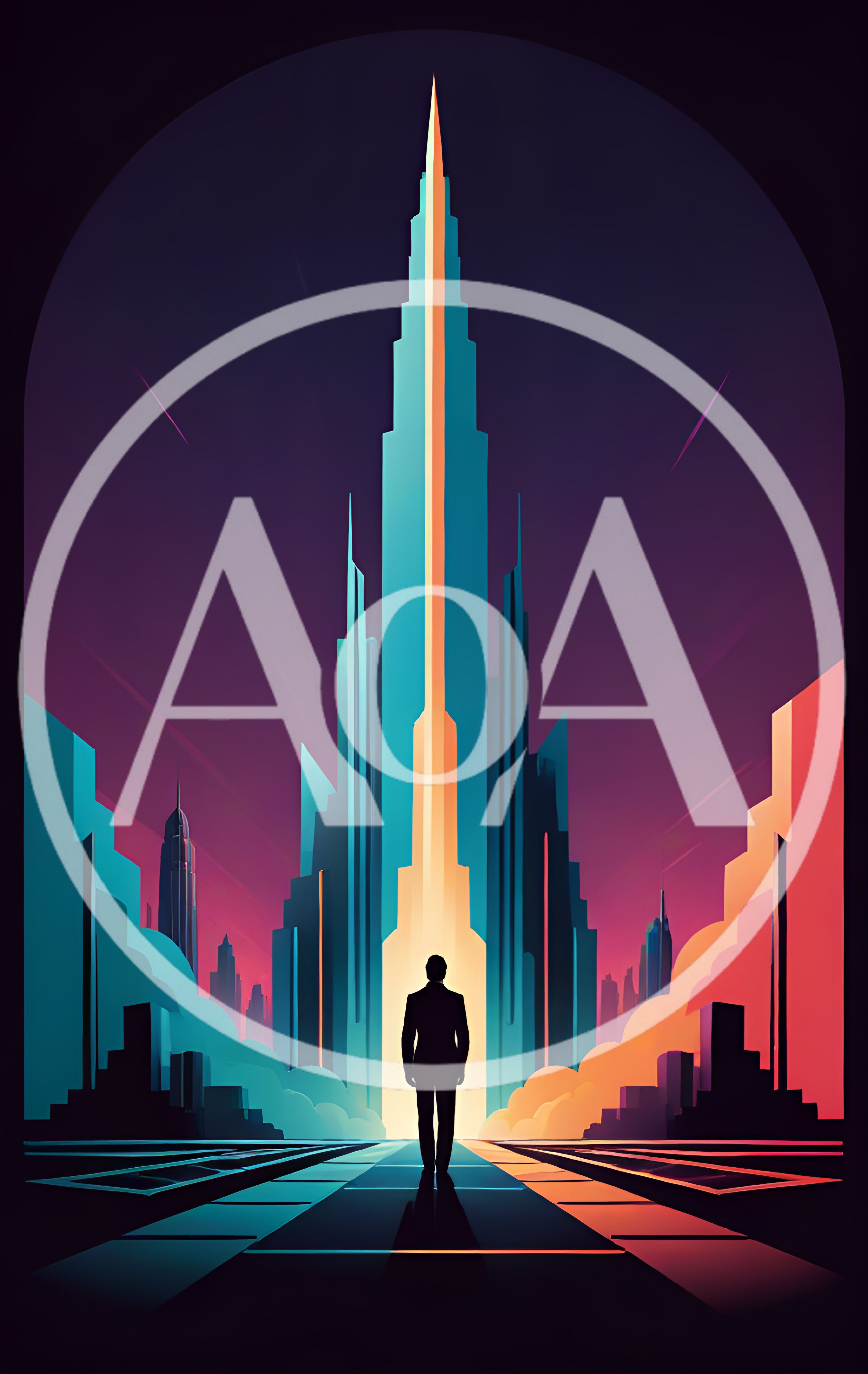 Futuristic Businessman Standing Before A Glowing Skyscraper
