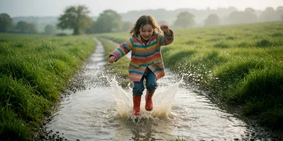 Young Girl Jumping in Muddy Puddle