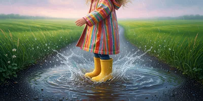 Child Jumping In A Puddle Wearing A Striped Raincoat