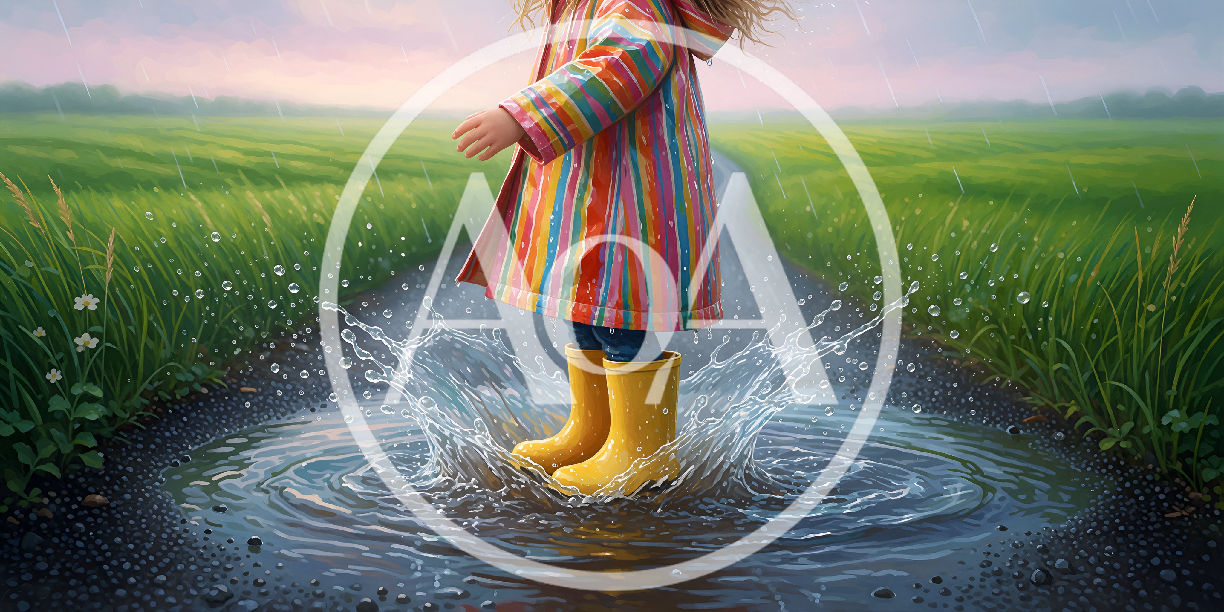 Child Jumping In A Puddle Wearing A Striped Raincoat