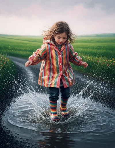 Young Girl Jumping in a Puddle