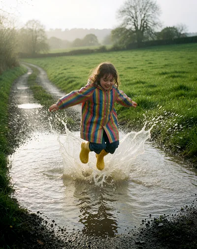 Young Girl Jumping Into A Muddy Puddle