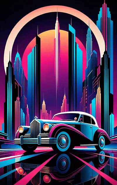 Vintage Luxury Car In Synthwave Cityscape