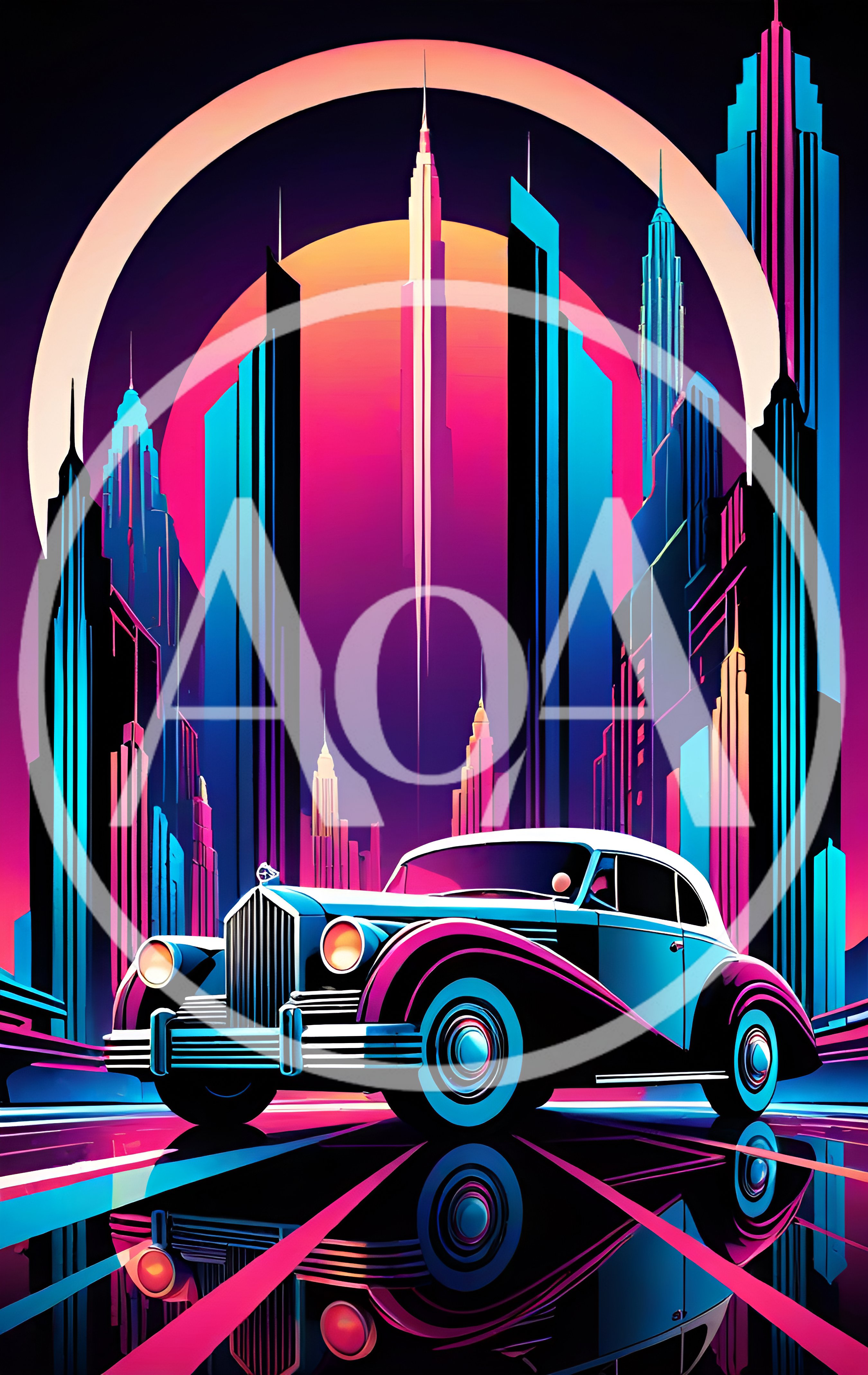 Vintage Luxury Car In Synthwave Cityscape