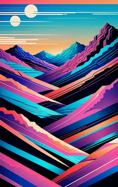 Abstract Synthwave Mountain Landscape With Twin Suns