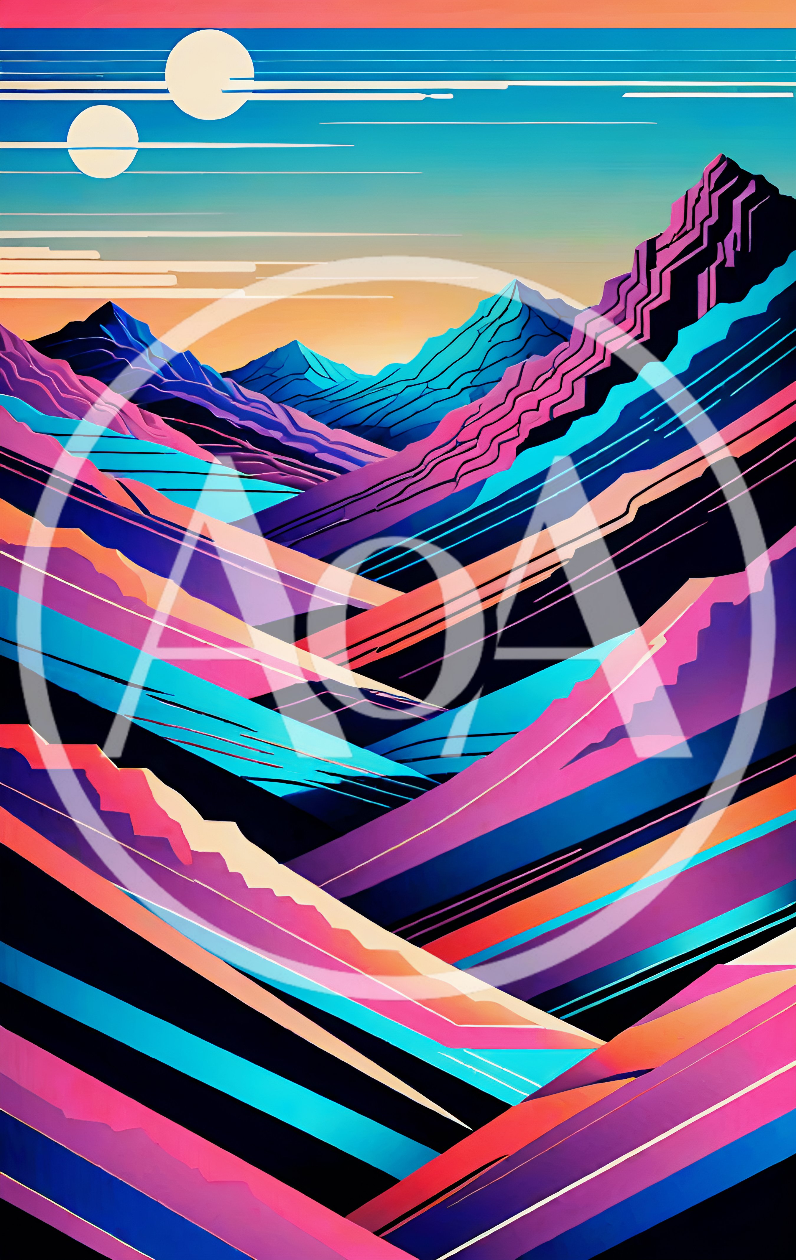 Abstract Synthwave Mountain Landscape With Twin Suns