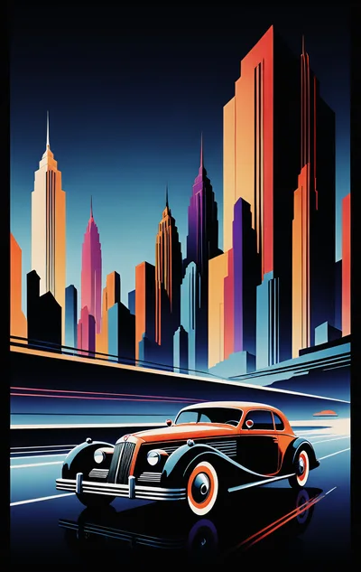 Vintage Car Driving Through A Stylized Art Deco City