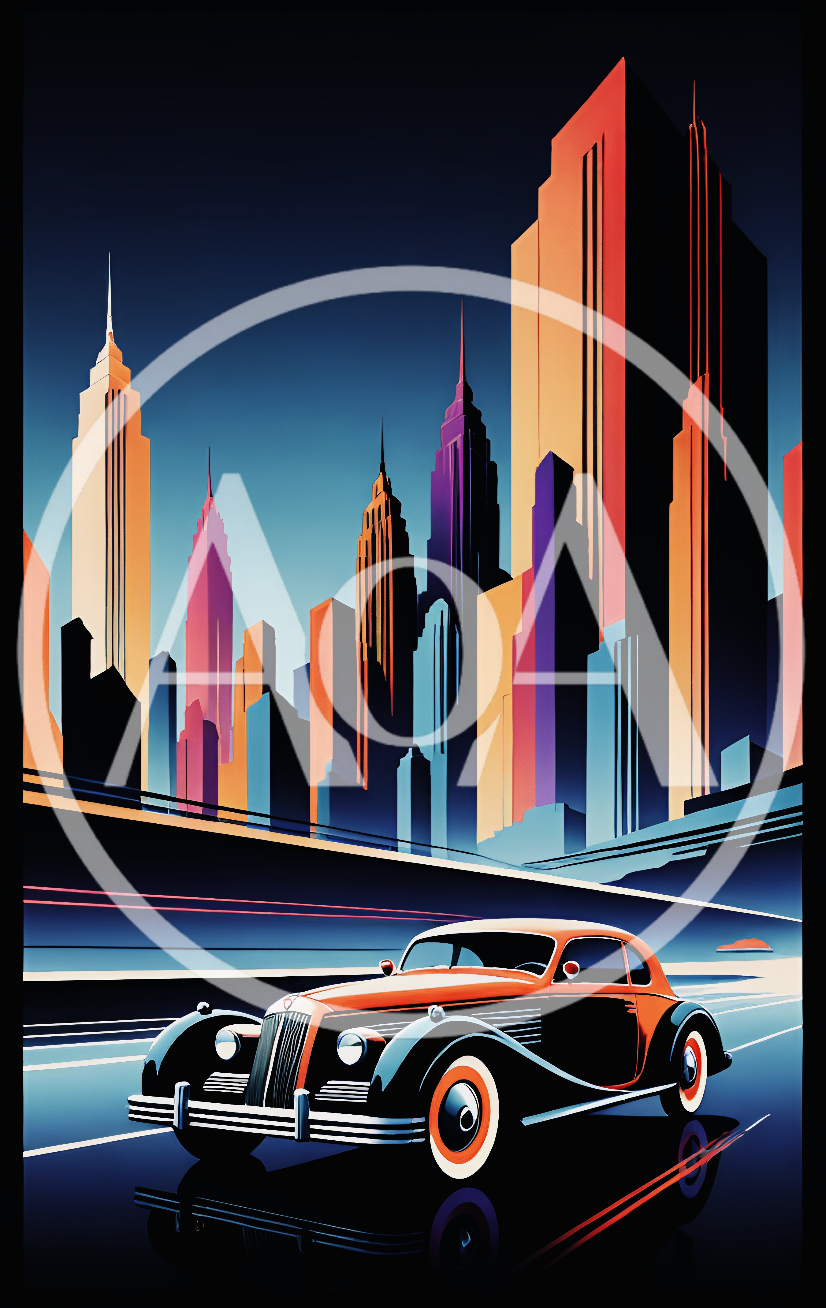 Vintage Car Driving Through A Stylized Art Deco City