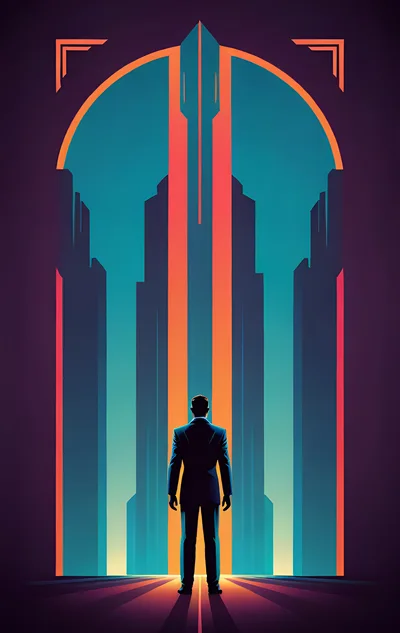 Businessman Standing Before A Futuristic Art Deco Cityscape