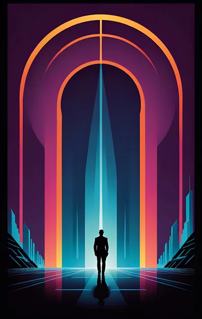 Silhouette Of A Man Standing Before A Futuristic Portal