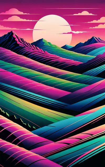Abstract Synthwave Landscape With Rolling Hills And Sun