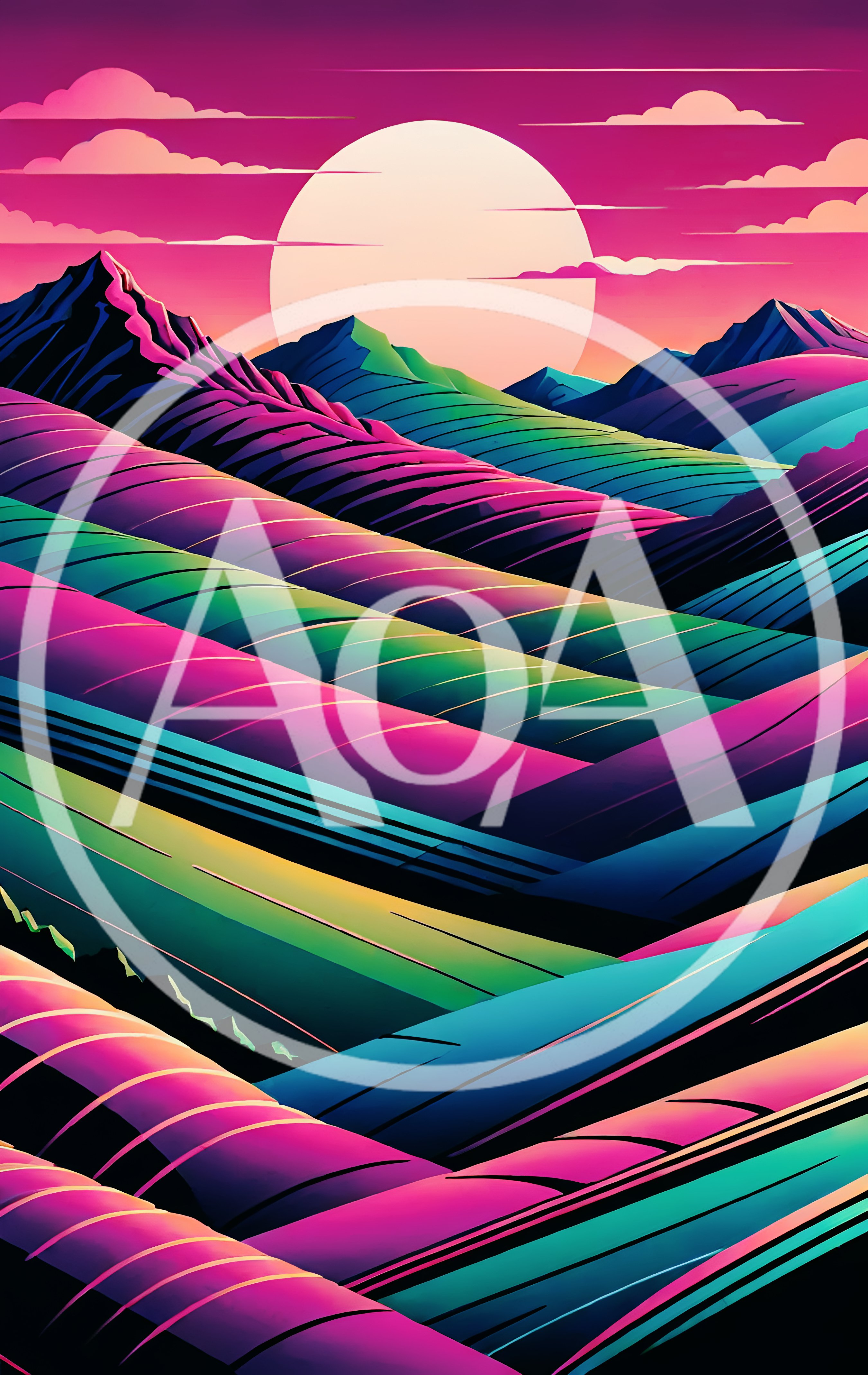 Abstract Synthwave Landscape With Rolling Hills And Sun