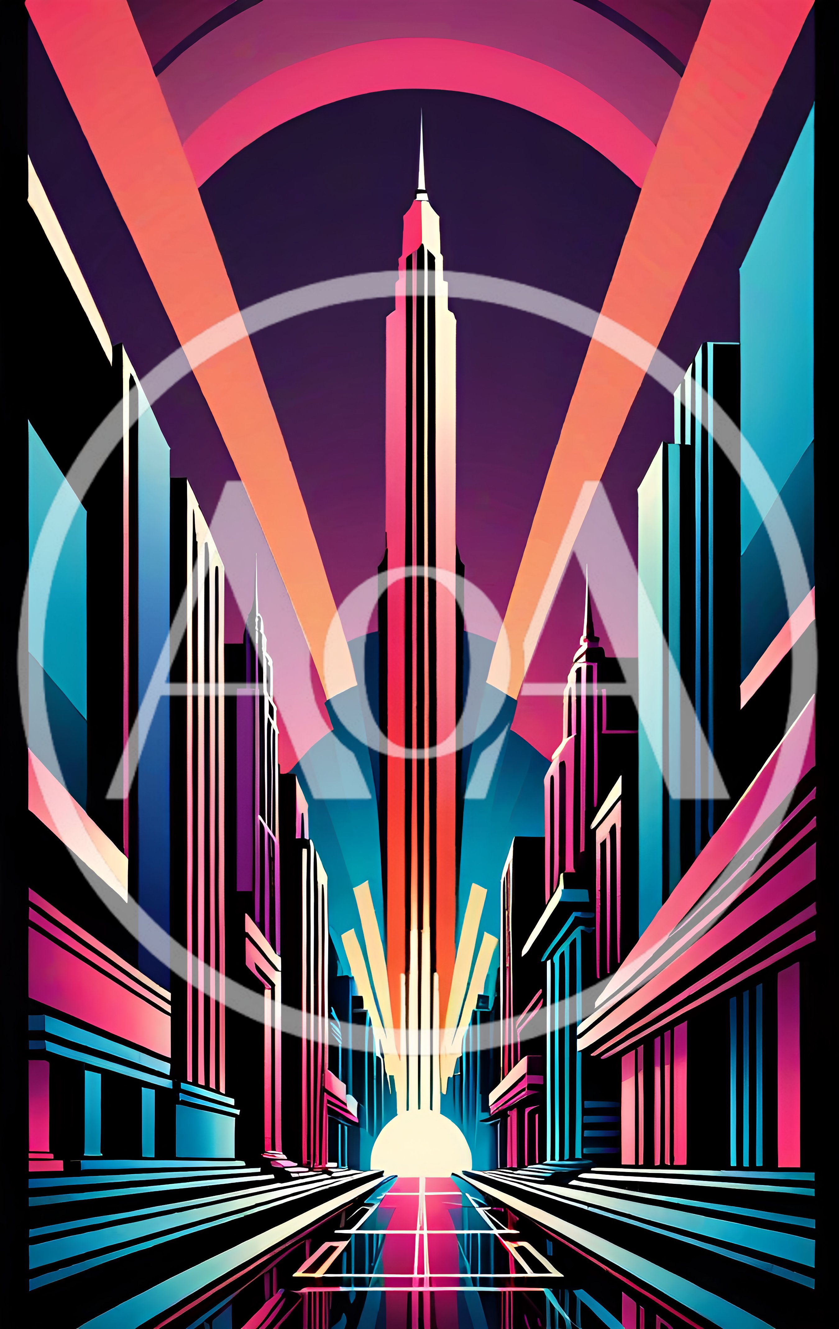 Art Deco Style Cityscape With Central Skyscraper