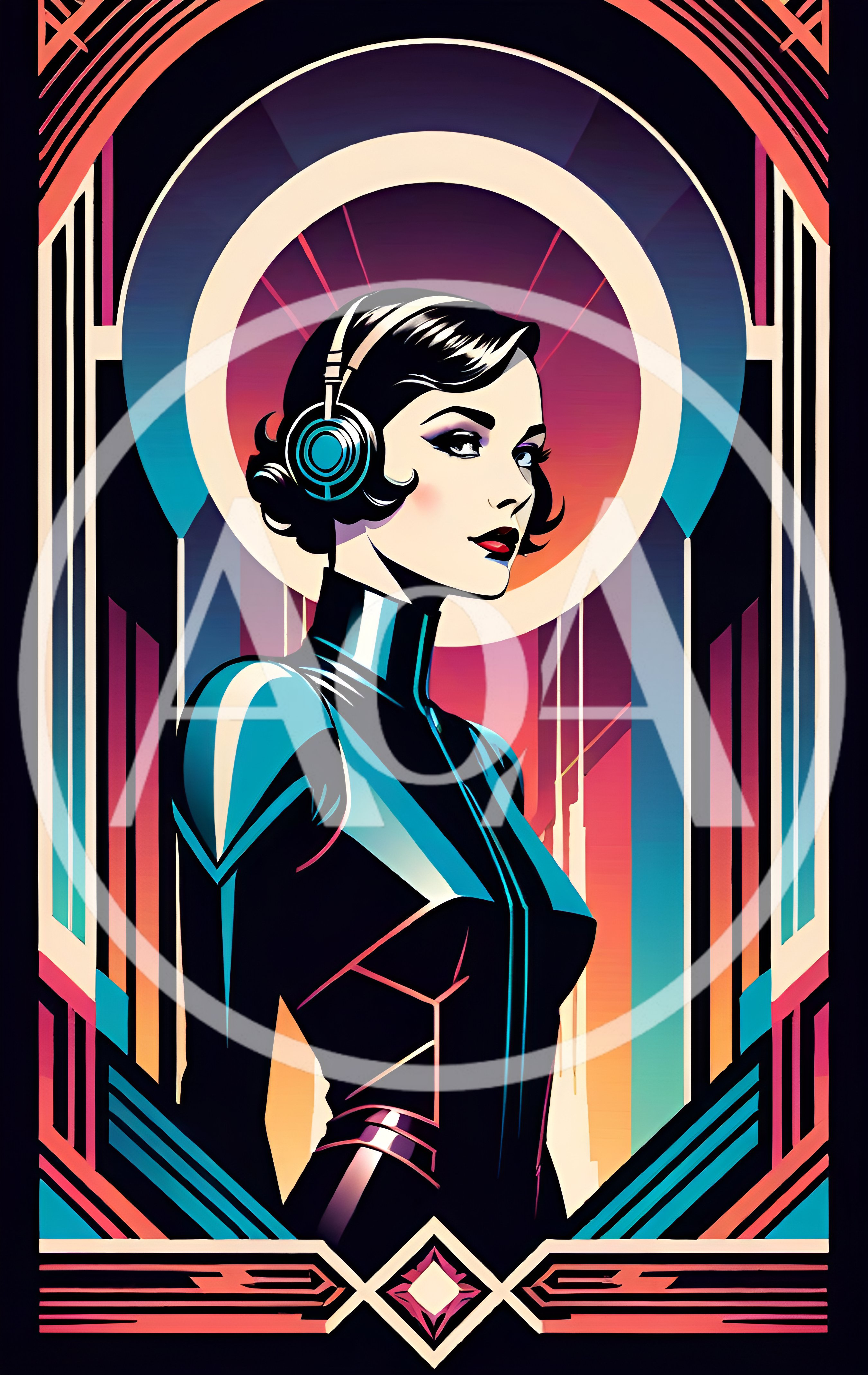 Art Deco Style Portrait Of A Woman With Headphones
