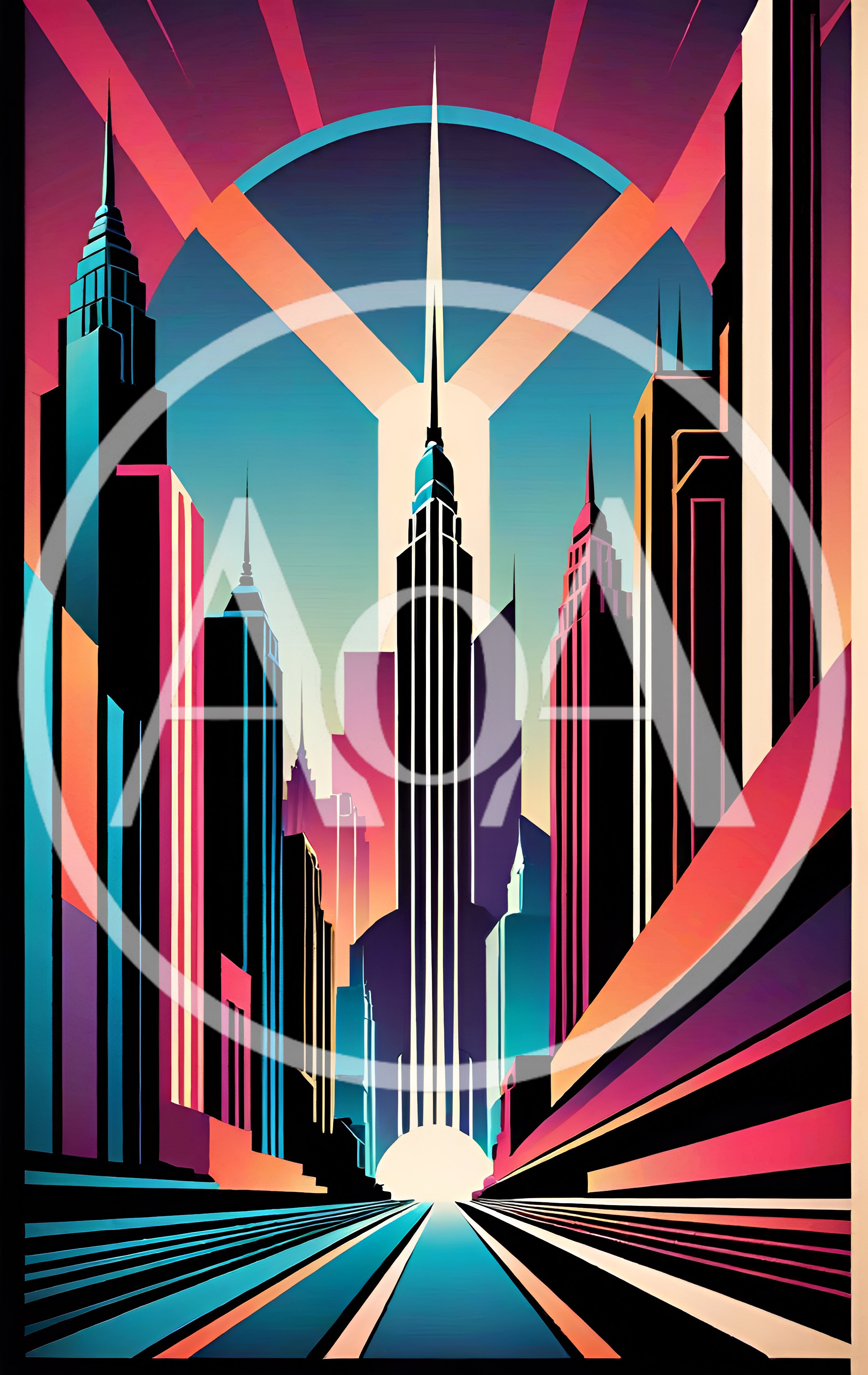 Art Deco Style Futuristic Cityscape Illustration
