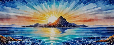 Mosaic Style Landscape Of A Mountain Island At Sunset