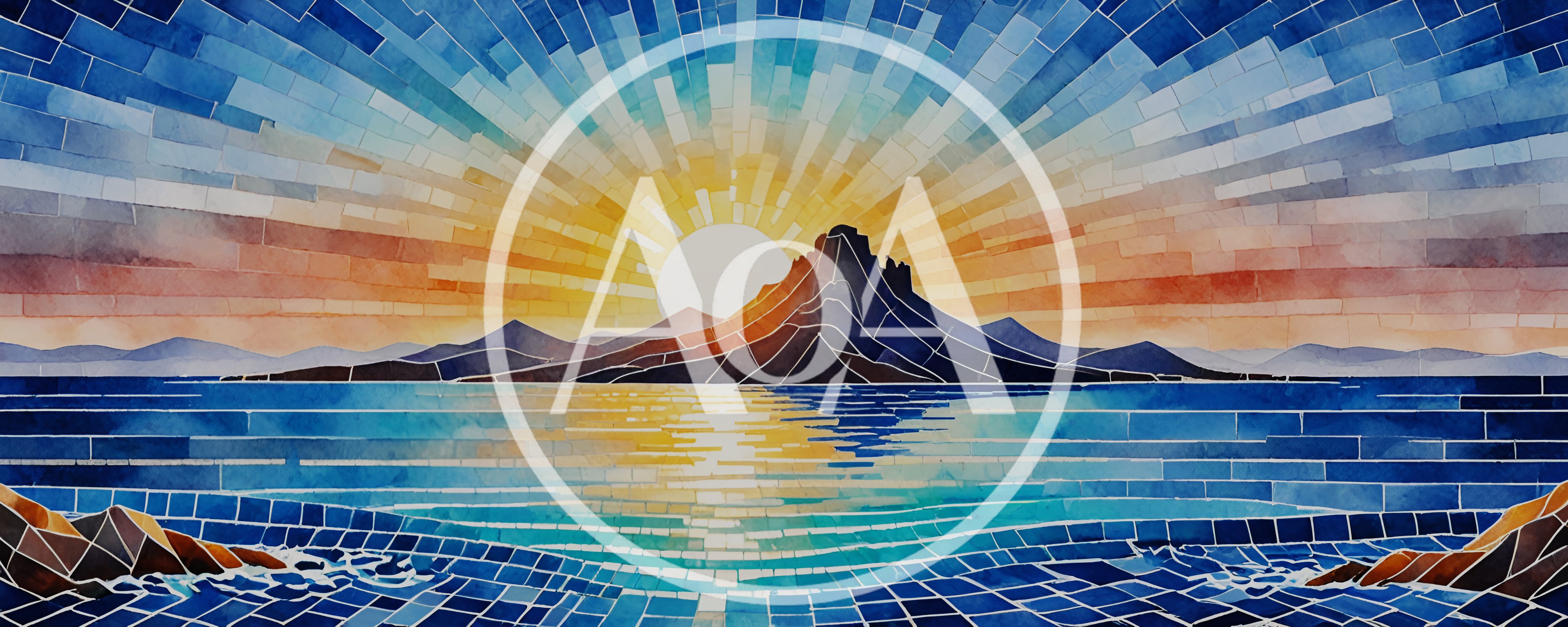 Mosaic Style Landscape Of A Mountain Island At Sunset
