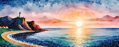 Mosaic Style Lighthouse Landscape At Sunset