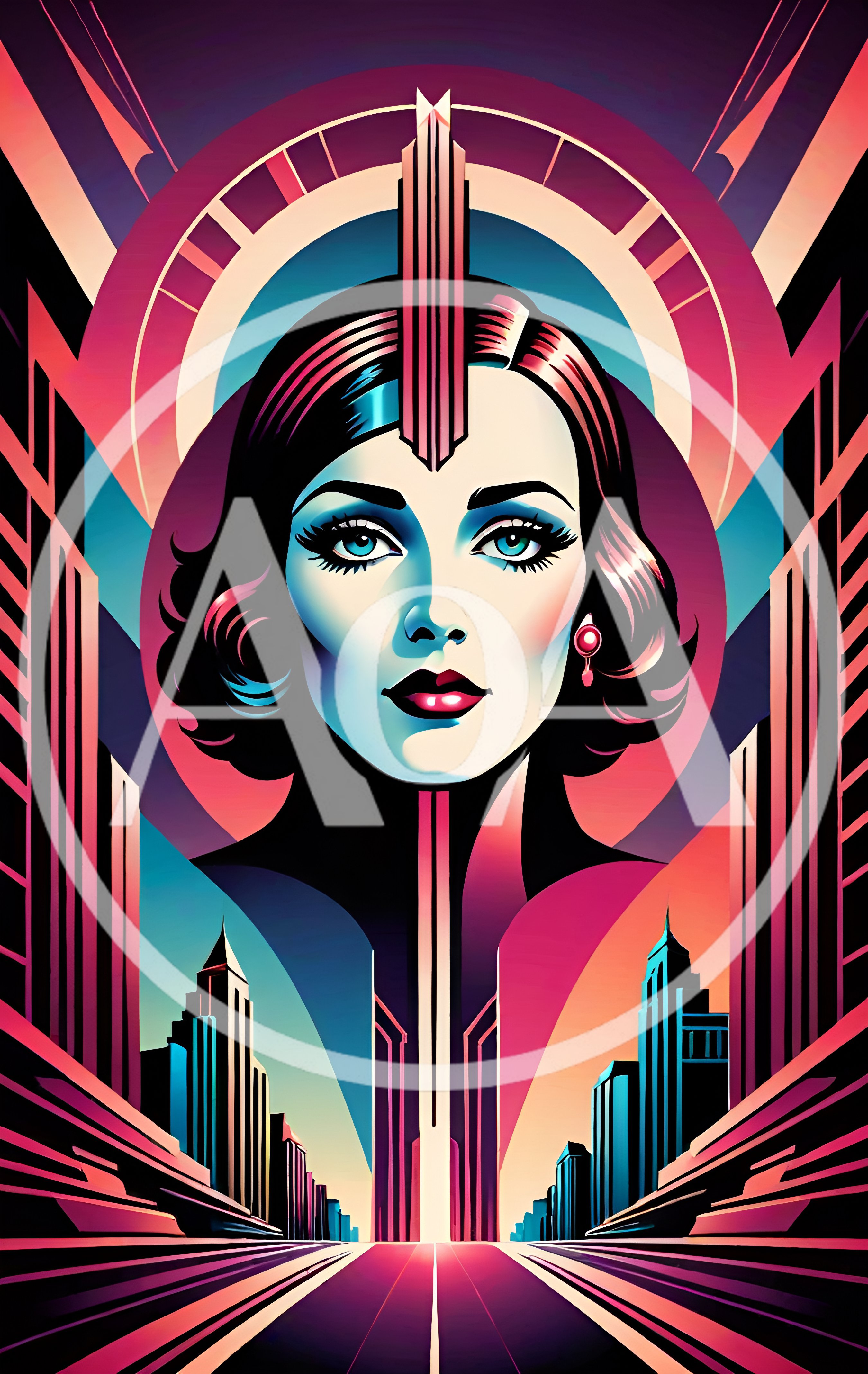 Art Deco Style Portrait of a Woman in Cityscape
