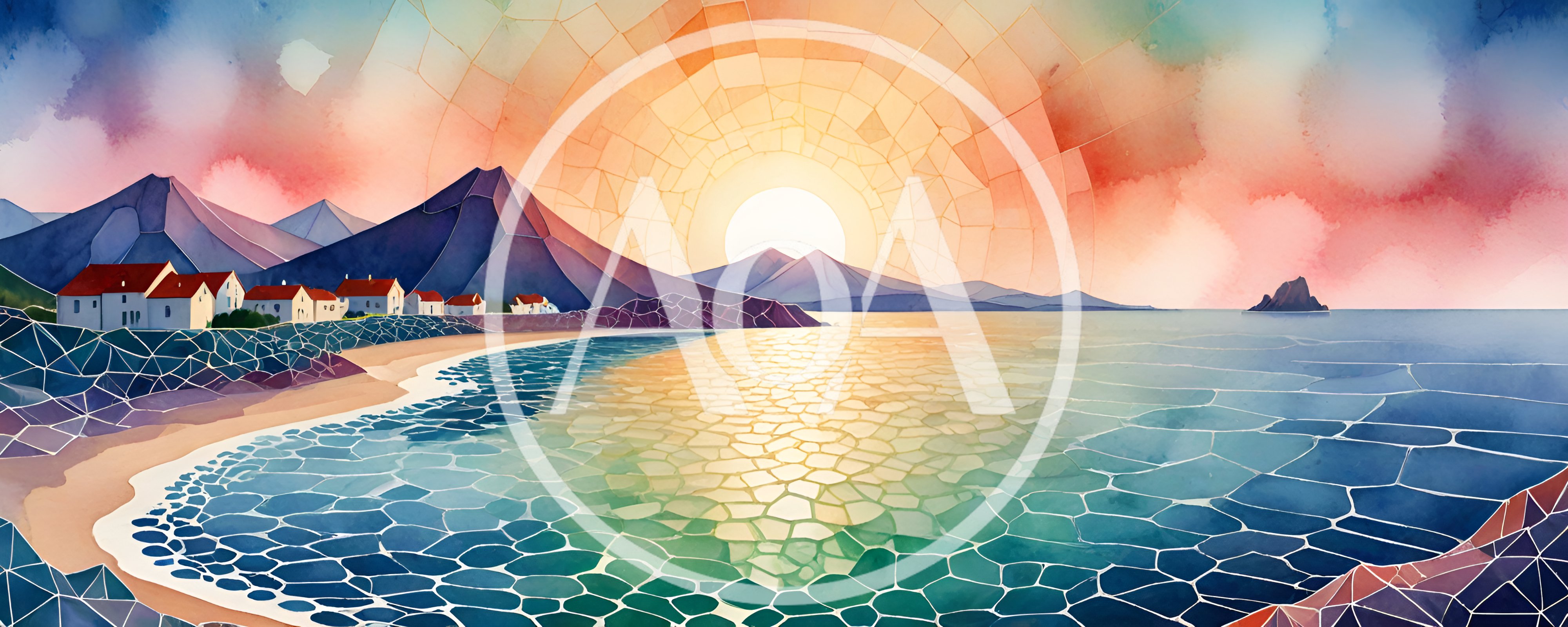 Watercolor Coastal Village Landscape With Geometric Sun