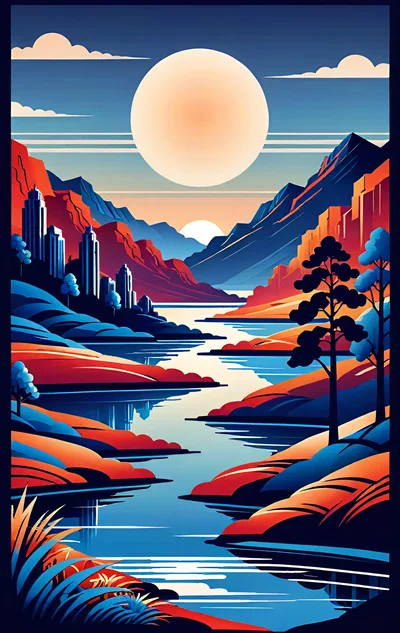 Stylized Digital Landscape With Mountains And River