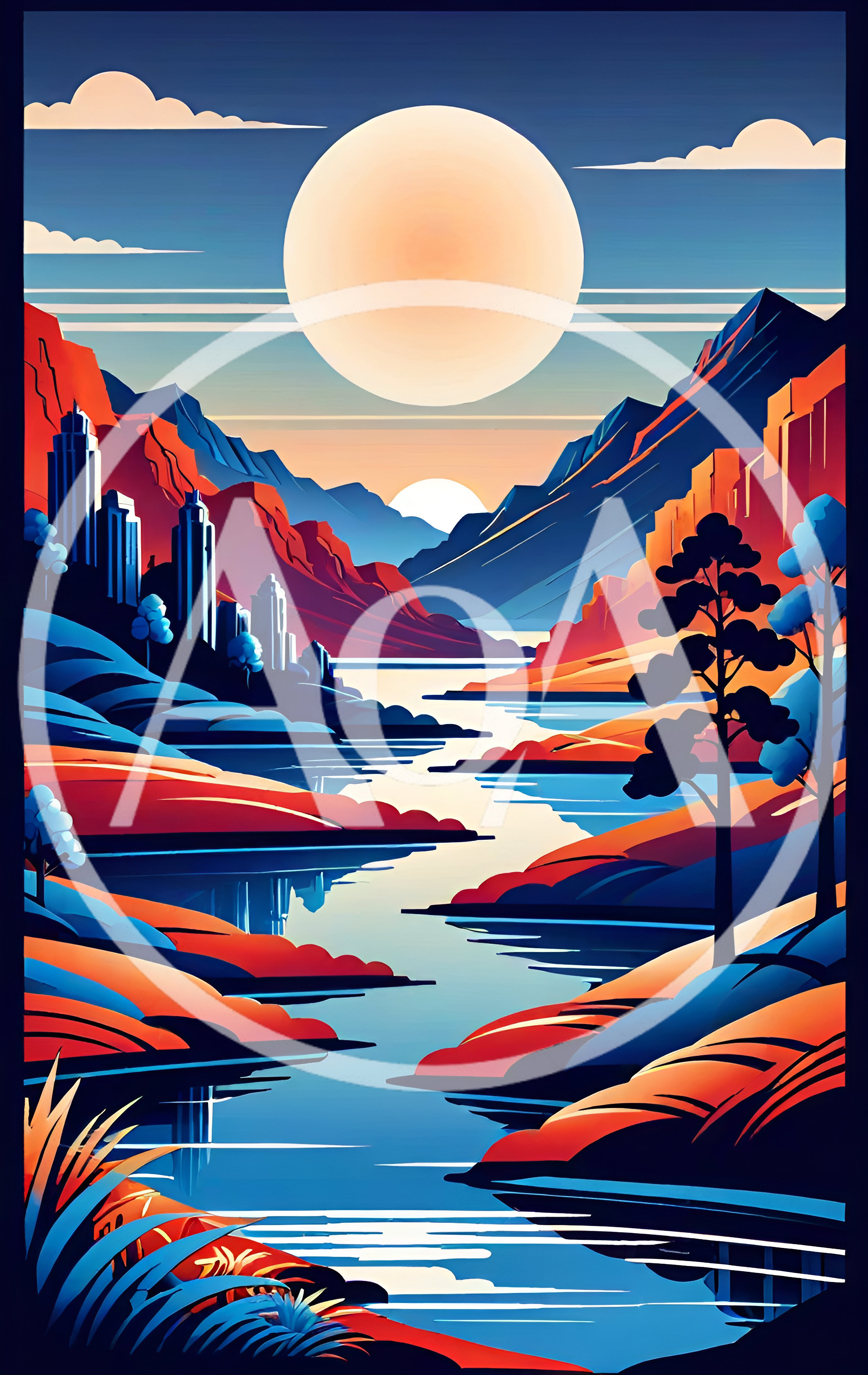 Stylized Digital Landscape With Mountains And River