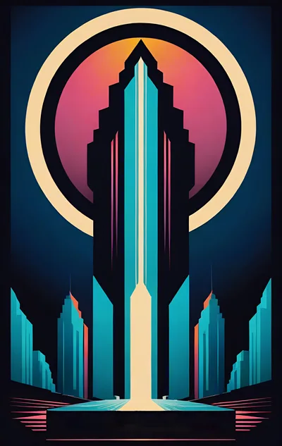 Art Deco Style Futuristic Skyscraper Cityscape Illustration