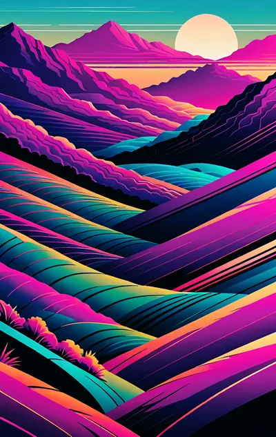 Abstract Synthwave Landscape With Vibrant Mountains And Sun