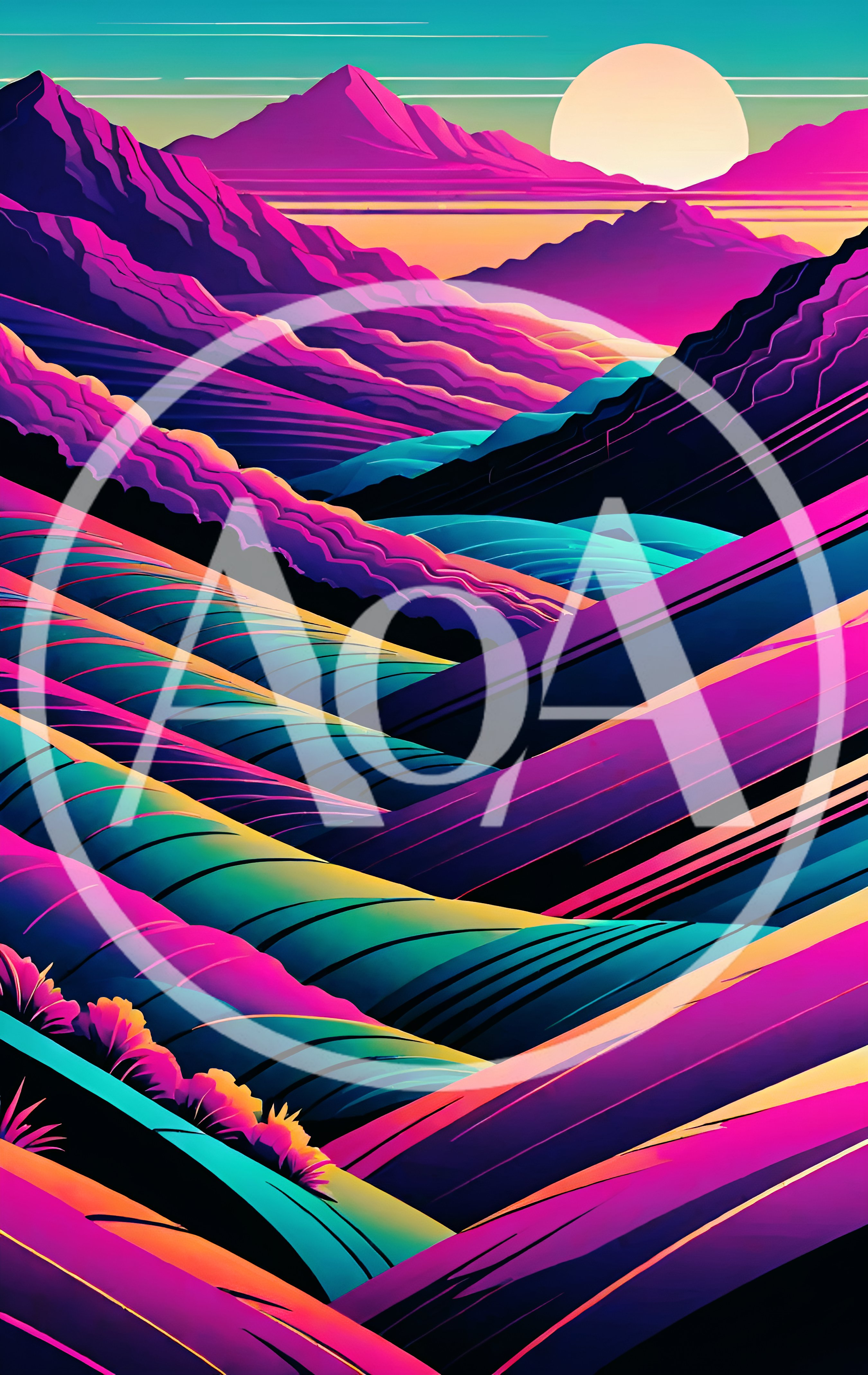 Abstract Synthwave Landscape With Vibrant Mountains And Sun