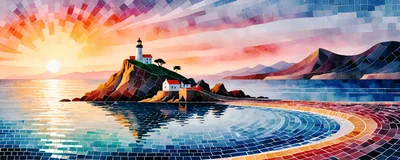 Mosaic Style Lighthouse Landscape at Sunset