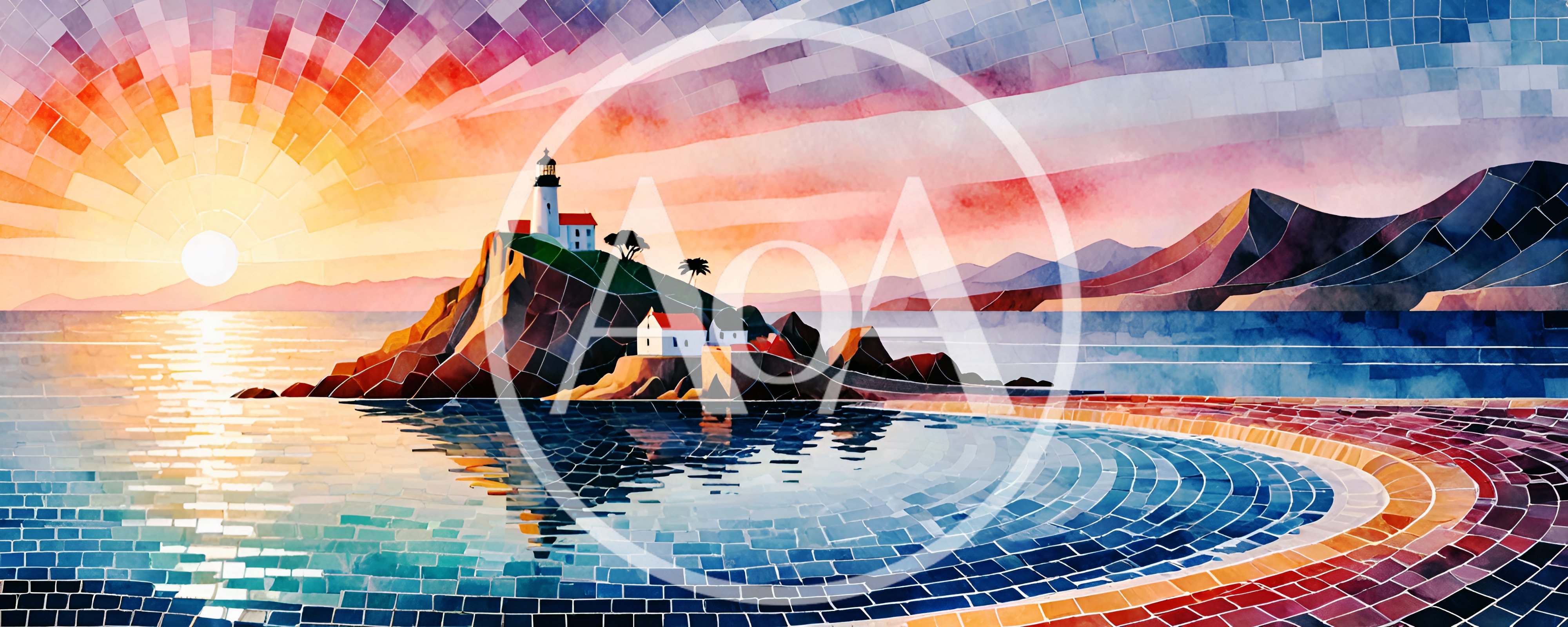 Mosaic Style Lighthouse Landscape at Sunset