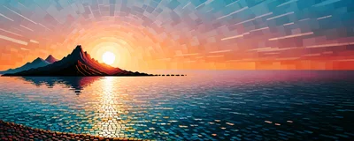 Abstract Mosaic Style Sunset Over Ocean Landscape