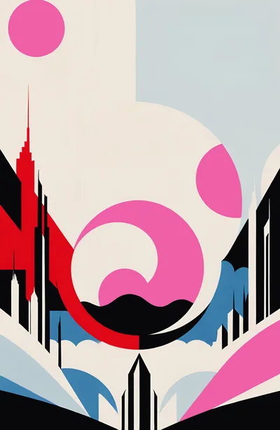 Abstract Geometric Cityscape With Pink Circles