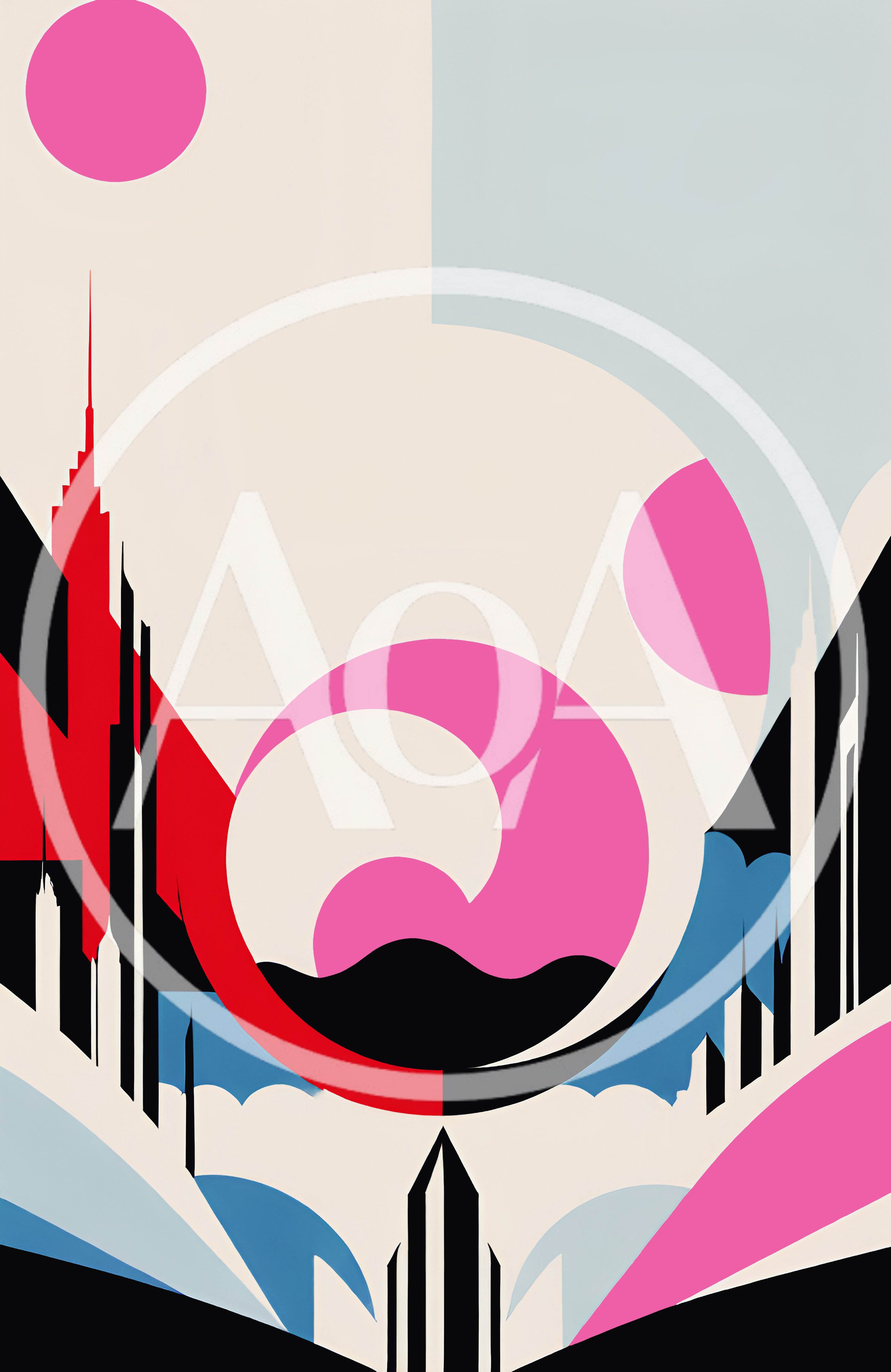Abstract Geometric Cityscape With Pink Circles