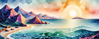 Abstract Geometric Watercolor Landscape Of A Coastal Sunset