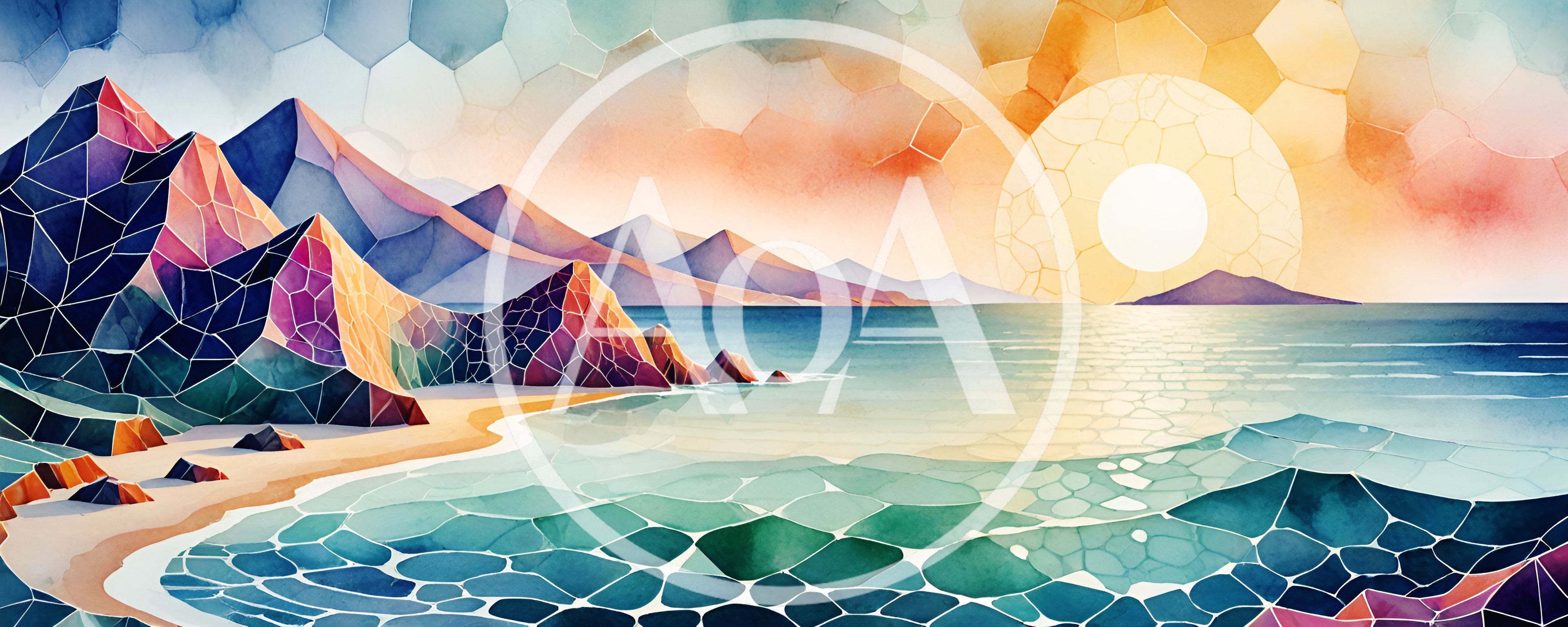 Abstract Geometric Watercolor Landscape Of A Coastal Sunset