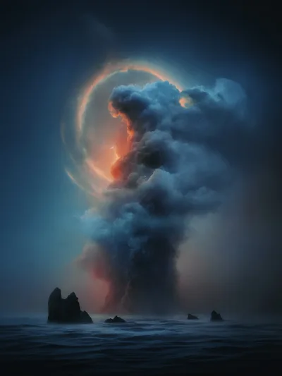 Volcanic Eruption Rising From The Dark Ocean
