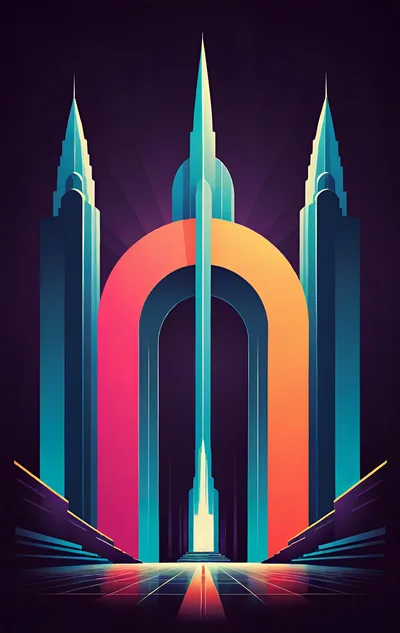 Art Deco Futuristic Cityscape With Neon Archway