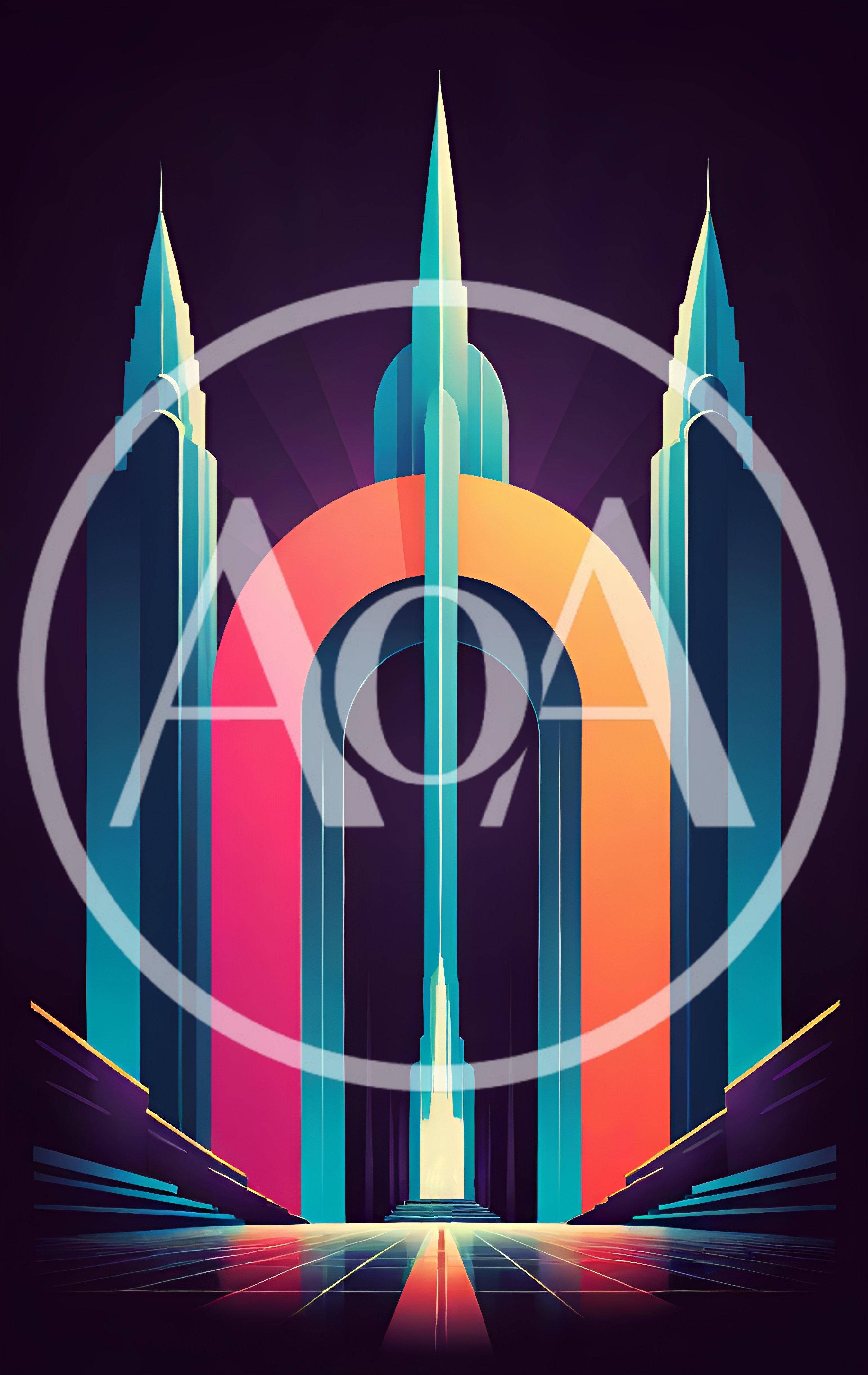 Art Deco Futuristic Cityscape With Neon Archway