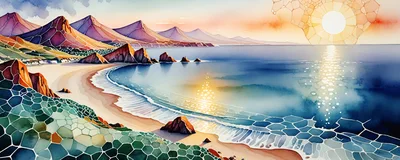 Stained Glass Style Coastal Landscape At Sunset