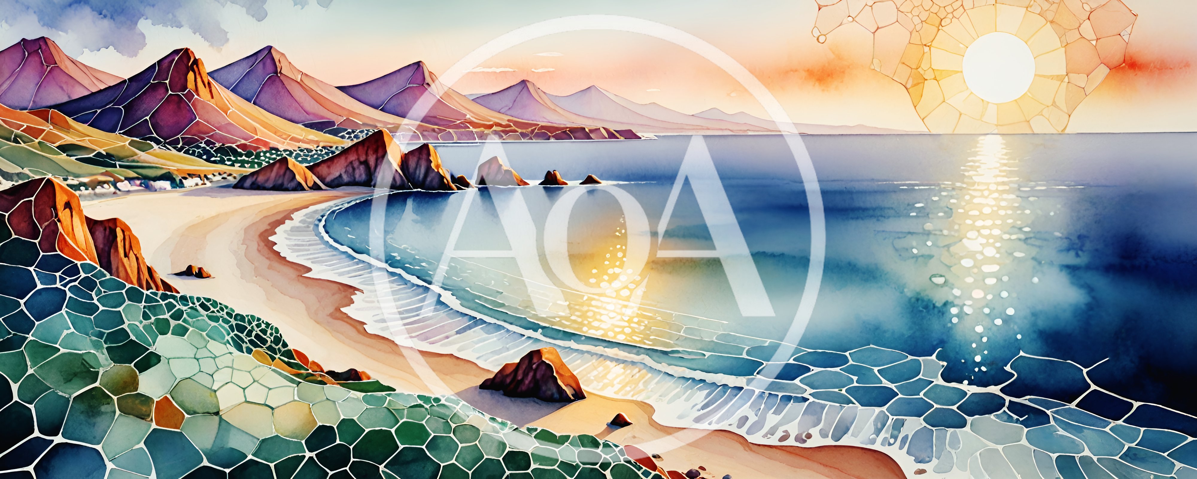 Stained Glass Style Coastal Landscape At Sunset
