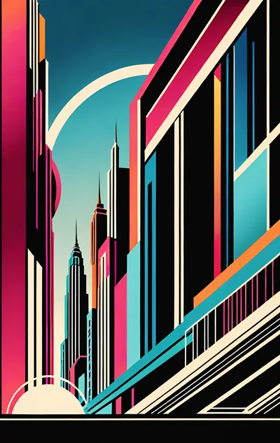 Art Deco Style Cityscape Illustration With Vibrant Colors